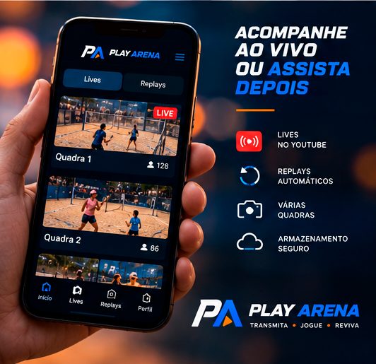 Celular com o app Play Arena aberto mostrando as lives e replays das quadras da arena