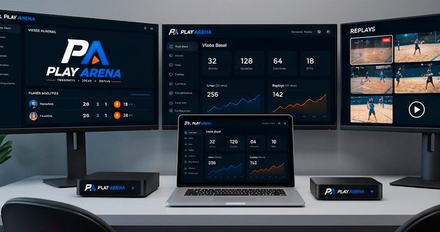 Monitores com os painéis da plataforma Play Arena: lives, replays, dashboards e gestão na mesma operação